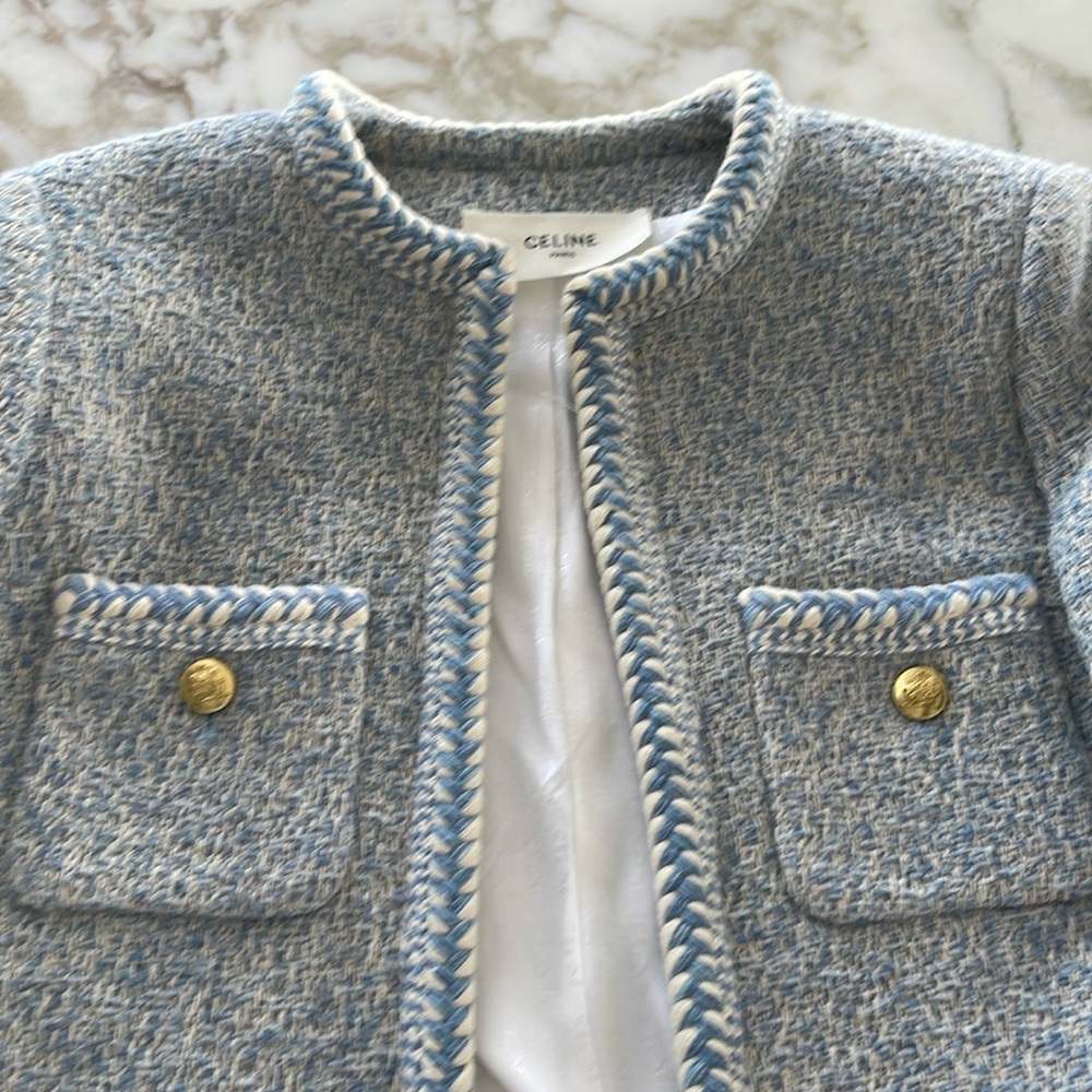 Celine Blue Blazer with Structured Design and Textured Weave